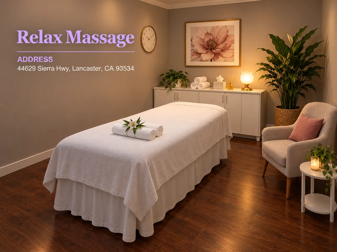 Clean private massage room at Relax Massage in Lancaster, CA