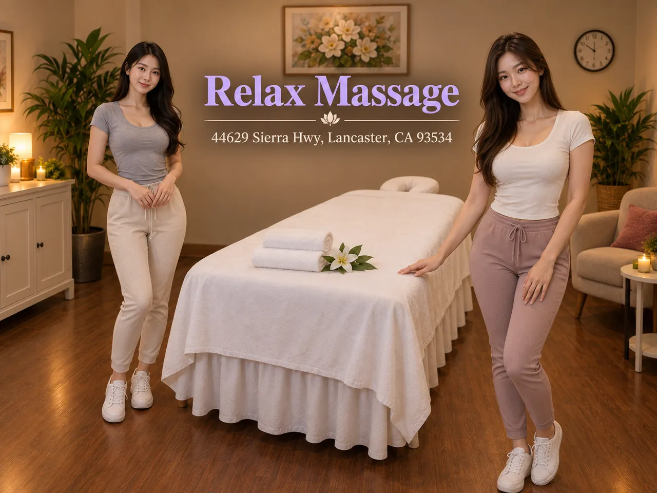 Two friendly staff members in a clean private room at Relax Massage in Lancaster, CA