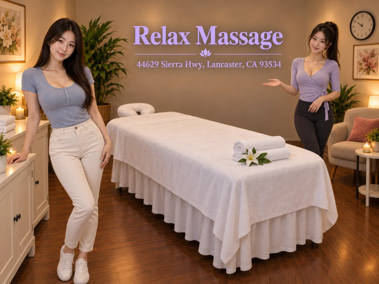 Two staff members beside a clean massage table at Relax Massage in Lancaster, CA